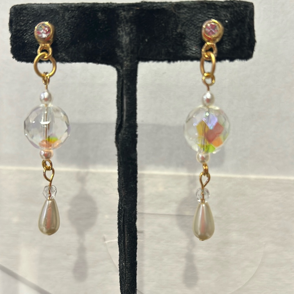 Dainty Iridescent Ab Crystal & Pearl Earrings-Boutique